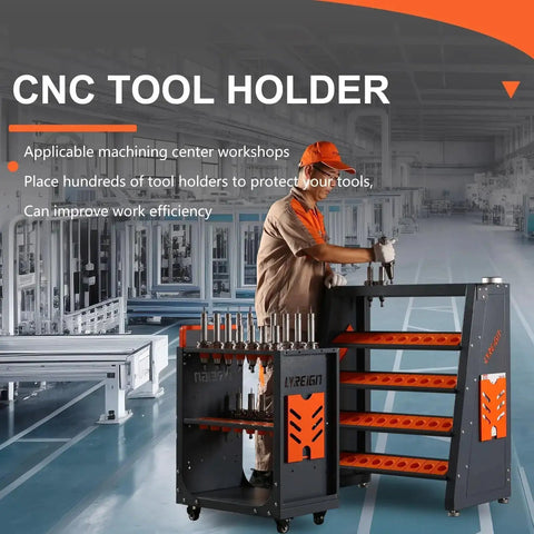 4 Tier CNC Tool Rack With 40 Taper Holder And 70 Capacity CNC Tool Cart Storage Cabinet in a workshop setting