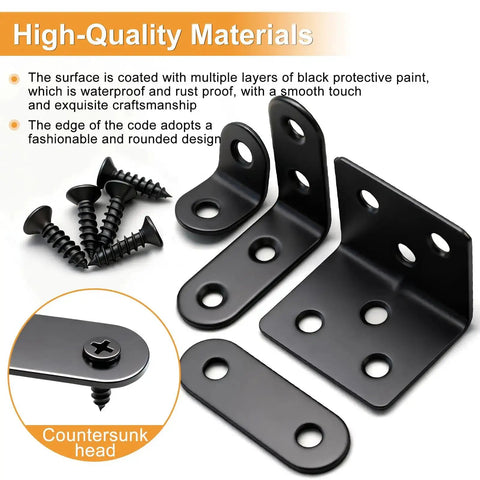 96Pcs Black Stainless Steel L Corner Brackets And Flat Mending Plates Set For Wood Repair And Furniture Fixes, screws included