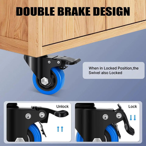 Close-up of 2 Inch Heavy Duty Threaded Stem Caster Wheels Set Of 4 With 3/8-16 Threaded Screws, Dual Locking Swivel Casters in use.