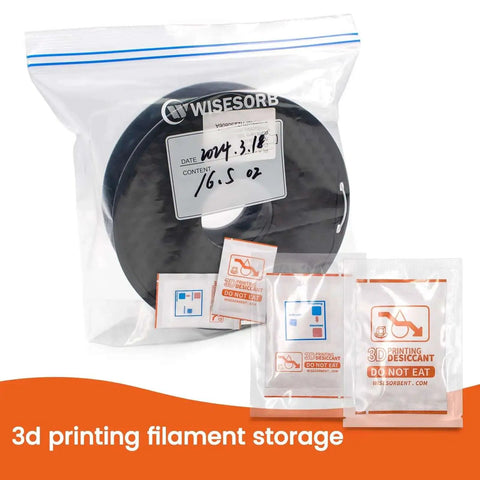 Sealed bag containing 3D printer filament and Molecular Sieve Desiccant Powder Packs For 3D Printer Filament Drying And Storage, 20g Each, 30 Packs, Zeolite Desiccant That Keeps Moisture In Check And Keeps Filament Dry For Crisp, Reliable Prints.