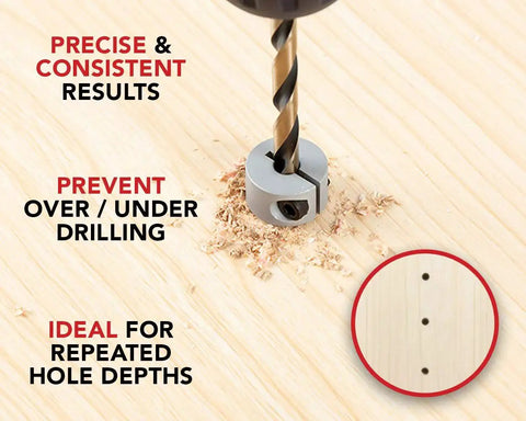 Stop Collar Set For Drill Bits With Depth Stop, 8 Piece Kit In Sizes 1/2, 7/16, 3/8, 5/16, 1/4, 7/32, 3/16, 1/8 Inches, shown in use on wood