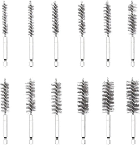 Stainless wire brush drill attachments with 1/4 inch hex shank for power drill or die grinder, 12 pieces for rust removal.