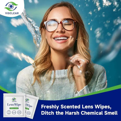 Woman smiling with Lens Wipes For Eyeglasses And Screens And Camera Lenses Ocean Scent 100 Count displayed in the corner.