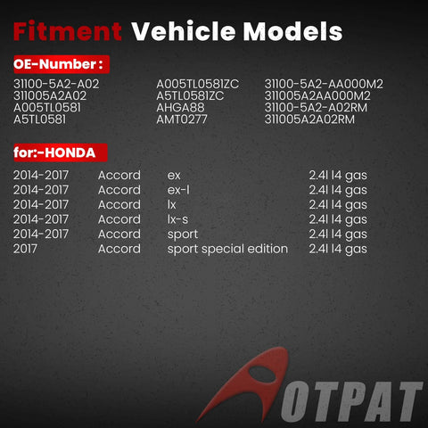 Fitment chart for Accord 2.4L Output Alternator Replacement Fits Honda Accord 2014-2017 Sport EX EX-L LX LX-S 2.4L Automatic CVT