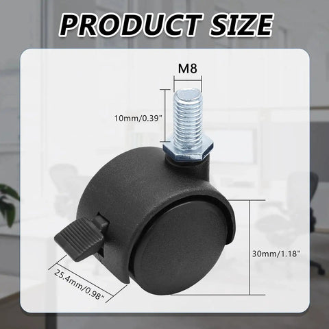 1 Inch Black Nylon Stem Caster with M8 Threaded Replacement Wheel, 360 Degree Swivel, 30mm Diameter for Cart and Workbench