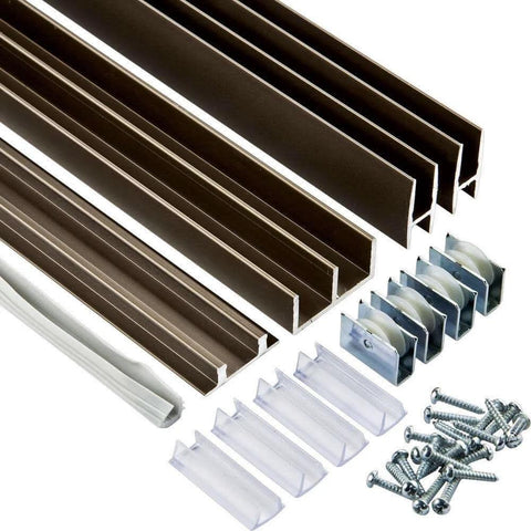 Slick Aluminum Sliding Glass Door Track Set For Cabinets And Commercial Use, 4 Feet Long, dual channel rail, nylon rollers, screws shown.
