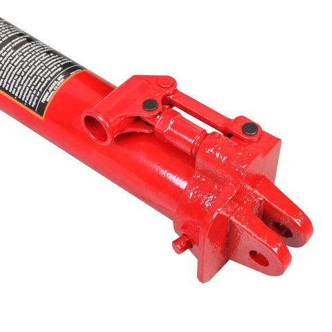 Close-up of 3 Ton Hydraulic Long Ram Jack With Clevis Base and 24 3/8 In to 43 7/8 In Lift, showing red clevis base.