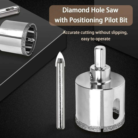 Front view of One Inch Diamond Hole Saw With Pilot Drill Bit For Glass Tile Marble Granite Porcelain Quartz Fiberglass Ceramic Cuts Clean Holes In Bathrooms And Kitchens With Heavy Duty 1.57 Inch Cutting Depth And 25mm Diameter Triangular Shank
