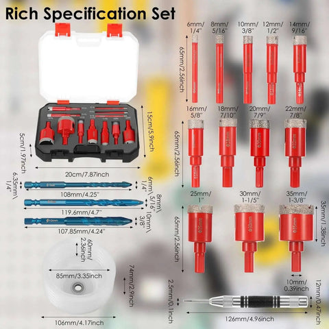 Pro Grade Seventeen-Piece Diamond Hole Saw Set For Ceramic Glass Tile Marble And Granite With Twelve Common Sizes From Quarter Inch To One And Three Eighths Inch Includes Eighty-Five Millimeter Dust Guard EVA Positioner Hard Storage Case And Dry And Wet