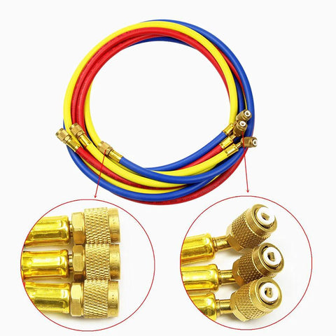 ANTFEES 3-piece AC charging hose set, 72-inch refrigerant hoses in red, blue, yellow with brass fittings