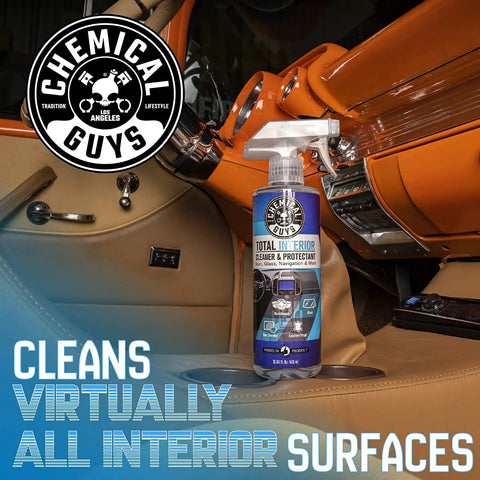 All In One Interior Cleaner And Protectant For Your Ride And All Vehicles Cars Trucks SUVs Motorcycles RVs And More Safe On Leather Vinyl Plastic Carpet Cloth Glass Wood Fresh Scent By Chemical Guys positioned inside a vehicle interior.