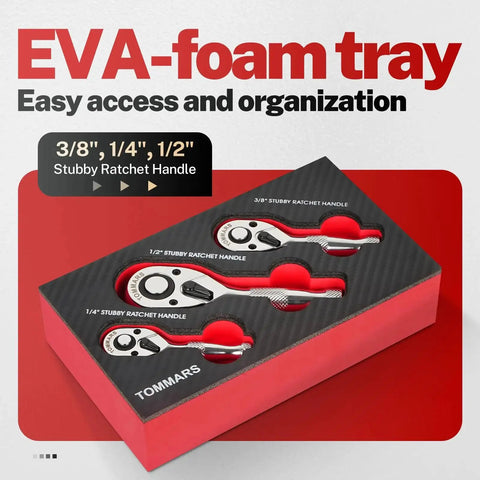 Stubby Ratchet Set With 1/4 Inch, 3/8 Inch And 1/2 Inch Drives in EVA foam tray, 72-Tooth Quick-Release Reversible Ratchets displayed