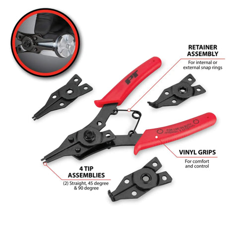 Go To Five Piece Interchangeable Jaw Snap Ring Plier Set With Straight 45 Degree And 90 Degree Angles For Internal And External Rings Includes Four Tip Assemblies And Vinyl Grip Handles For Precise Control displayed with red handles and four black interchangeable tips.