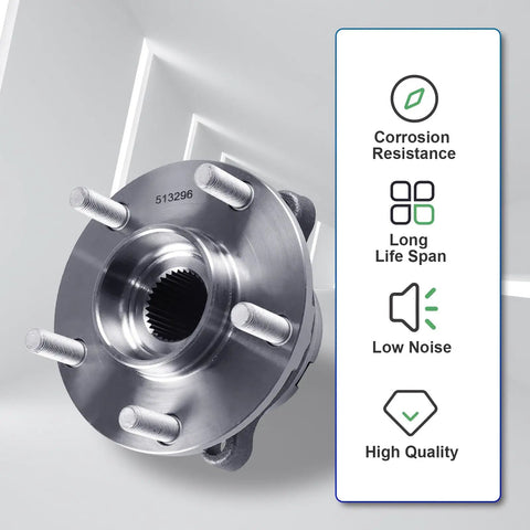 2 Pack Front Wheel Hub And Bearing Assembly For Infiniti JX35 QX50 QX60 Altima Maxima Murano Pathfinder And Nissan 5 Lug With Abs Integrated 4 Hole Flange Precise Fit Part 513296 Interchangeable With 402023JA0A, front view with features