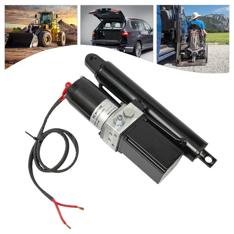 Amazon 12V heavy-duty hydraulic linear actuator with electric motor and mounting bracket, angled view, black finish