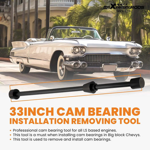 LS Cam Bearing Installation And Removal Tool for Chevy LS Engines shown with classic car backdrop