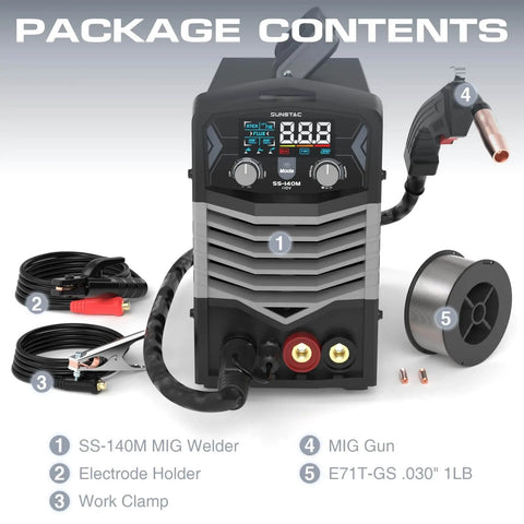 MIG Welder 140A 110V 3 In 1 Flux Core Stick And Lift TIG Gasless Inverter with MIG gun, electrode holder, and work clamp