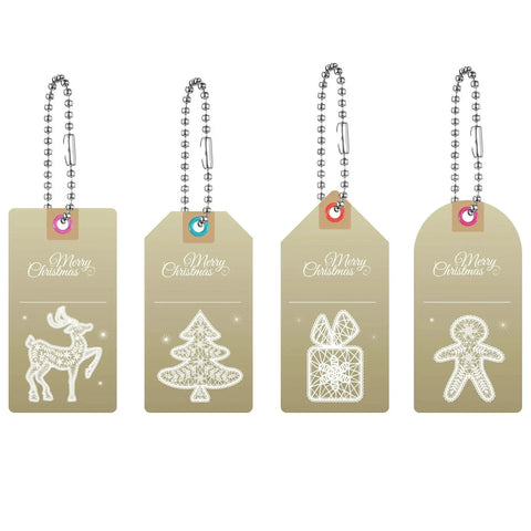 Four beaded ball pull chain extensions with Christmas-themed tags featuring reindeer, tree, gift, and gingerbread designs.