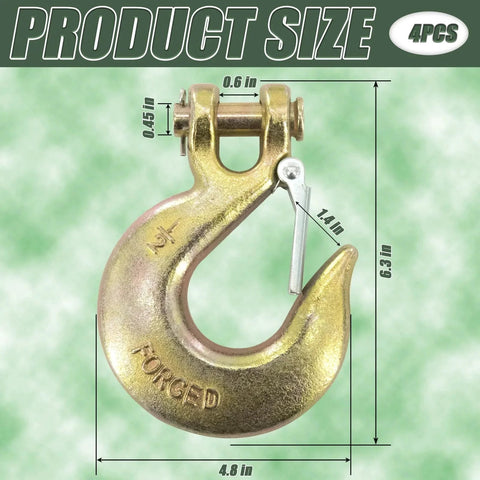 Close-up of Two Pack Half Inch Clevis Slip Hooks With Safety Latch Forged G70 Steel, gold zinc plated with measurement details