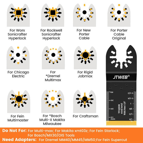 50 Pieces Titanium Oscillating Multitool Blades Set For Metal Wood Plastic Nails With Titanium Carbide Coating Delivers Over 2x Life, Abrasion Resistant, Compatible With Milwaukee Rockwell Ryobi Tools displayed with tool compatibility options.