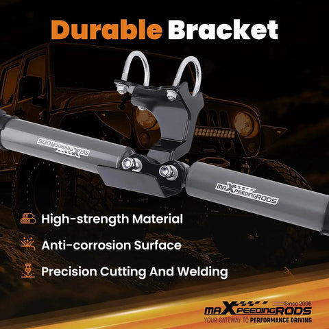 maXpeedingrods dual steering stabilizer bracket for Jeep Wrangler JK/JKU; two gray tubes with U-bolt clamp.