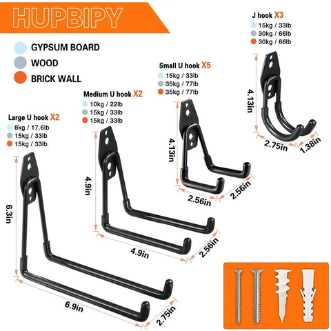 Diagram showing different sizes of 12 Pack Heavy Duty Steel Garage Hooks With Anti Slip Coating Wall Mount Organizer
