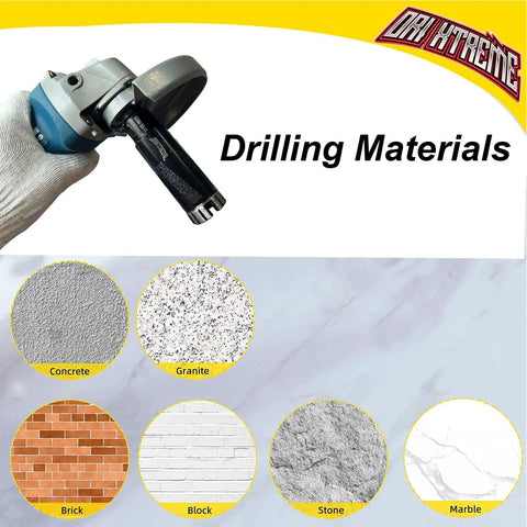 Efficient Diamond Core Drill Bit For Dry Drilling Granite Concrete Marble Stone, One And Three Eighths Inch Hole Saw With Five Eighths Eleven Thread ORIXTREME in use on angle grinder.