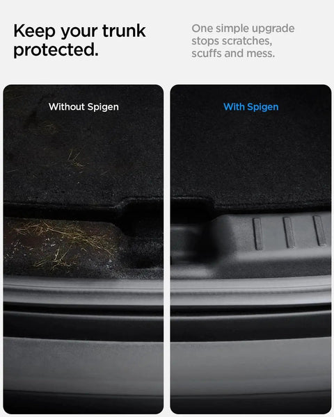 Comparison of trunk area with and without Model Y Rear Bumper Trunk Sill Guard With Easy Glide Grooves 2025 2026 installed.