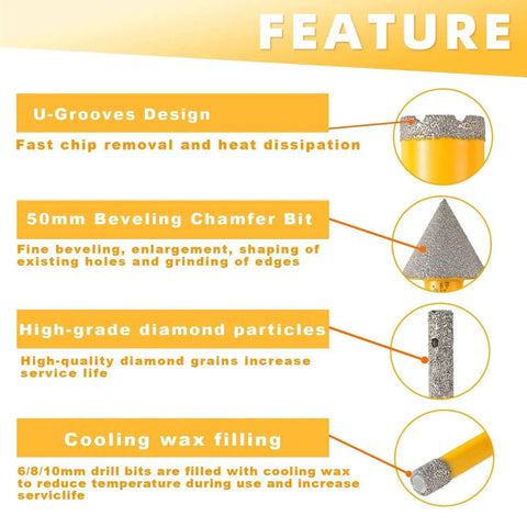 Features of Diamond Core Drill Bit Set For Marble Ceramic And Porcelain Tiles Vacuum Brazed Hole Saw Kit 13 Piece HASFER