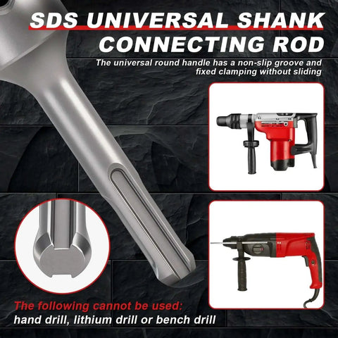 SDS Universal Shank Connecting Rod with non-slip groove, shown with compatible drilling tools, unsuitable for hand drills.