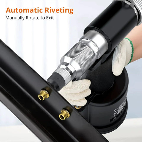 Your Go To Heavy Duty Pneumatic Hydraulic Rivet Nut Set Kit in use, showing automatic riveting on metal surface.