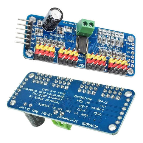Top and bottom view of PCA9685 Compatible 16 Channel PWM Servo Driver with I2C Interface for Arduino and Raspberry Pi, circuit board.