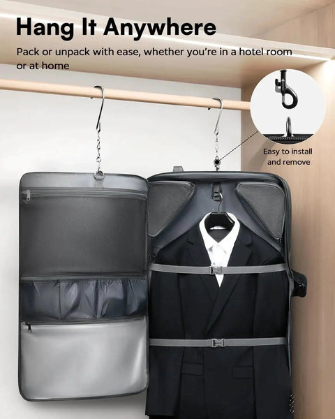 Rolling Garment Bag For Travel With Built In Hanging Hook And Wheels Boss Level Carry On Luggage displayed open with suit hanging.