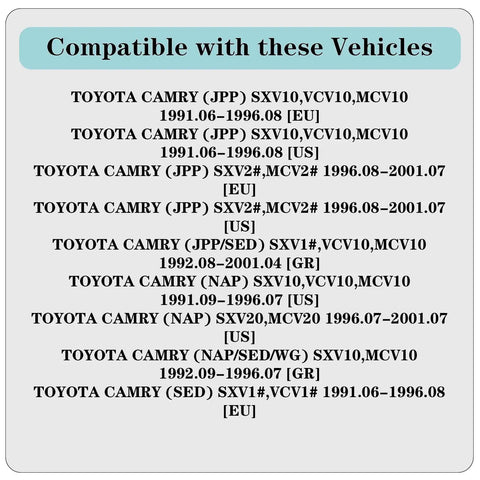 Vehicle compatibility list for Front Wheel Bearing Hub Assembly for multiple Toyota Camry models from 1991 to 2001.