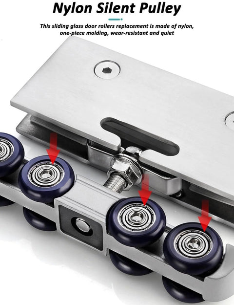 Nylon silent pulley component of Frameless Glass Sliding Door Track Hardware Kit With Silent Rollers For Barn Doors Pocket Doors.