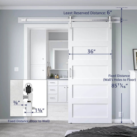 36 By 84 Inch White Sliding Barn Door With 6.6 Foot Brushed Nickel Hardware Kit And Handle, installed in a home interior