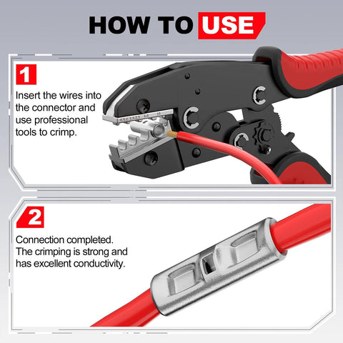 Non-insulated butt connectors for 22–16 AWG; bare copper crimp terminals, 100 pcs, shown with a crimping tool.