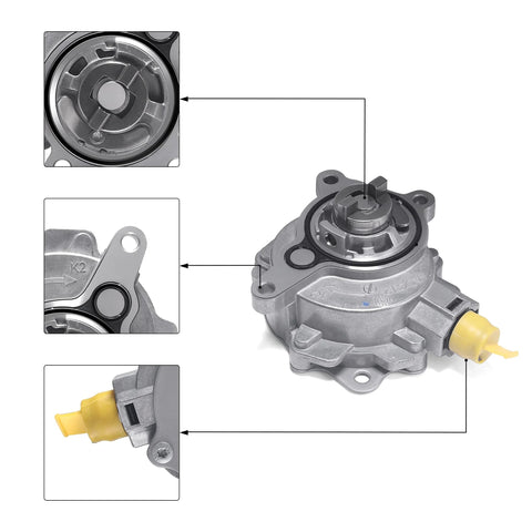 AULINK brake booster vacuum pump, gray aluminum housing with yellow connector, side and close-up views
