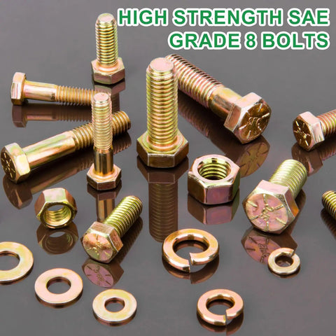 Heavy Duty Grade 8 Alloy Steel SAE Hex Bolts Nuts Kit With Fifteen Common Sizes Including One Quarter Twenty Five Sixteen Eighteen And Three Eighth Sixteen And Springs For DIY Projects At Home Or In The Shop displayed on reflective surface.