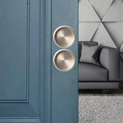 Six Pack Satin Nickel Closet Door Finger Pulls For Bypass Sliding Doors, 2-1/8 Inch Opening, installed on blue door