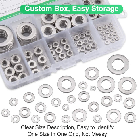 304 stainless steel flat washer set, 580 pieces in 9 sizes, stored in a clear plastic storage box