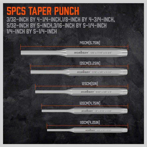 SPCS taper punch dimensions chart for 16 Piece Punch And Chisel Set With Taper Punch Cold Chisels Pin Punch Center Punch Heat Treated Chromium Vanadium