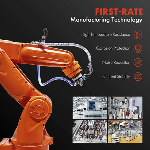 Orange robotic arm with flexible tubing showcasing manufacturing technology with high temperature resistance and corrosion protection.