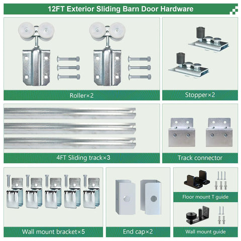 Exterior Sliding Barn Door Hardware Kit With 12 Ft Galvanized Steel Box Track Heavy Duty Wall Mount System For Outdoor Use Fits Doors Up To 72 Inches Wide And Supports Up To 300 Lb components layout