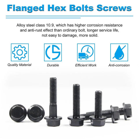 M6 Flanged Hex Bolts 1.0 x 16mm With External Flange Hex Drive Heavy Duty Alloy Steel Class 10.9 Black Oxide Finish 50 Pack