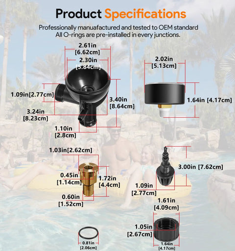 Brass air relief valve with pressure gauge and fittings for Zodiac Janay pool and spa filters