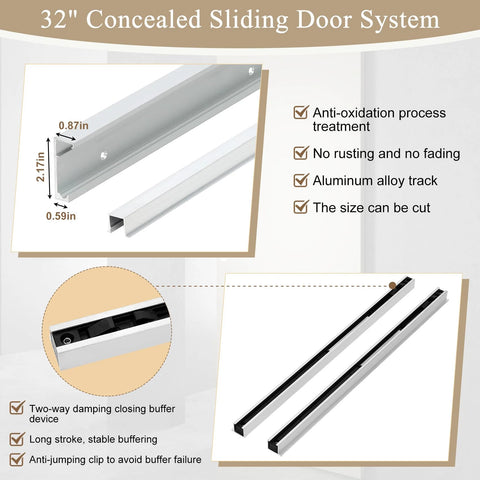 32-inch concealed sliding barn door hardware kit with soft close for 24 to 28 inch passage openings, floating wall mount, aluminum