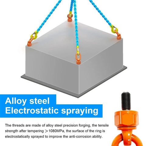 Eye Bolt M12x19 0.7 Ton Universal Swivel Hoist Ring Set of 2 Alloy Steel with chain lifting block, close-up of thread.