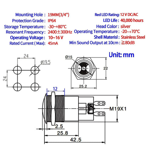 Technical diagram of Red LED Buzzer Alarm Indicator Light For 12V Systems In Durable 304 Stainless Steel Housing with dimensions