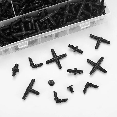Amazon 300-piece irrigation fittings kit; black 1/4-inch barbed connectors with tees and elbows, in a clear box.